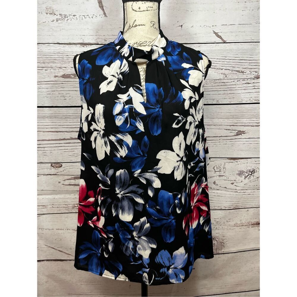 Nine West XL Floral Mock‎ Neck Sleeveless Blouse Top Keyhole Black Blue Red